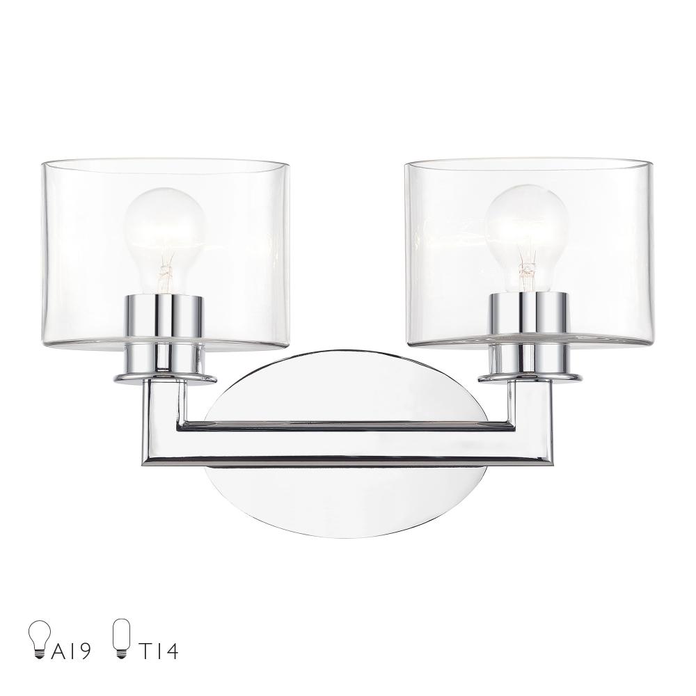 2 Light Polished Chrome Vanity Sconce with Mouth Blown Clear Glass
