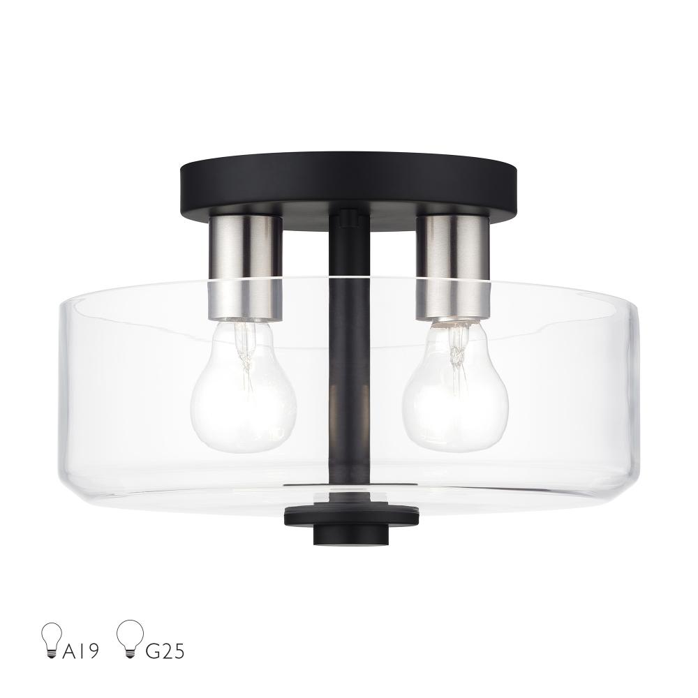 2 Light Black Medium Semi-Flush with Mouth Blown Clear Glass and Brushed Nickel Accents