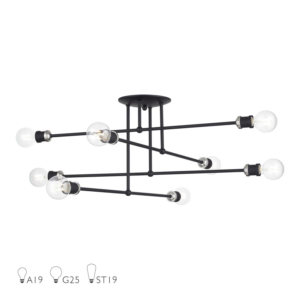 8 Light Black Extra Large Semi-Flush with Brushed Nickel Accents