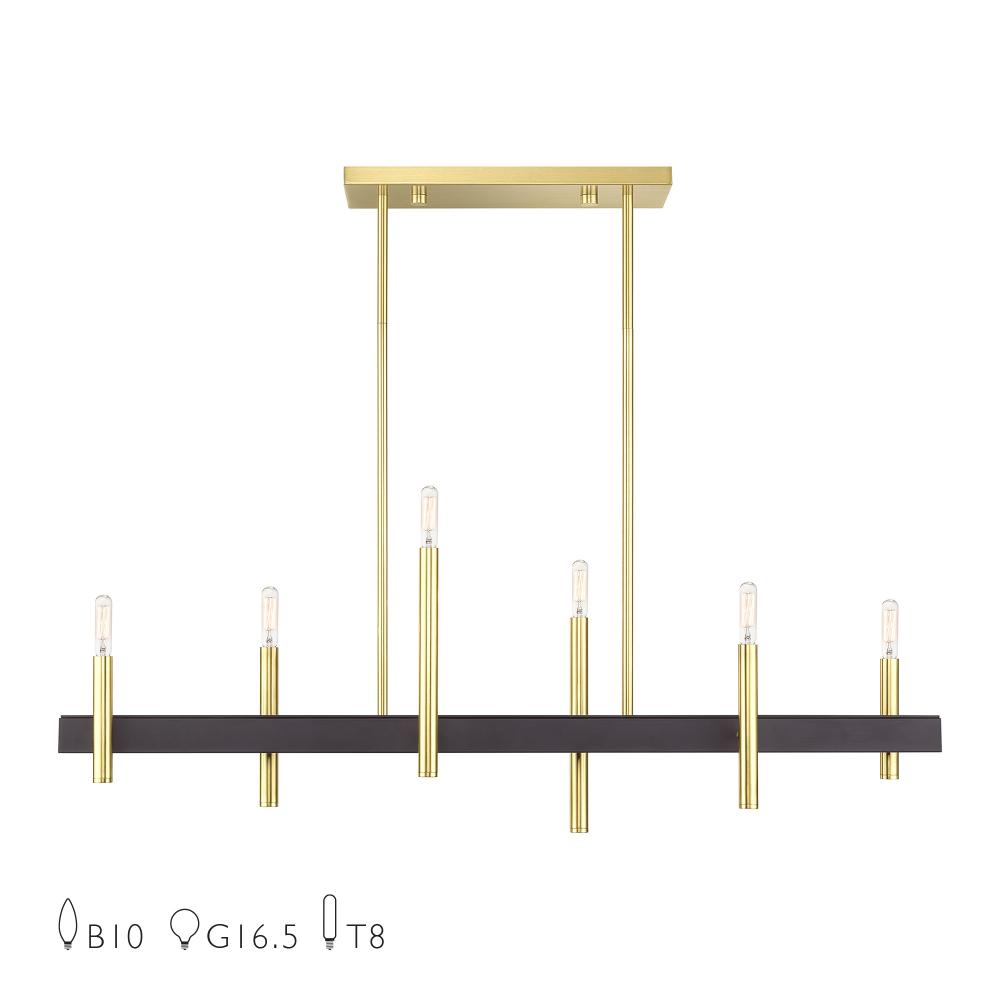 6 Light Satin Brass Extra Large Linear Chandelier with Bronze Accents