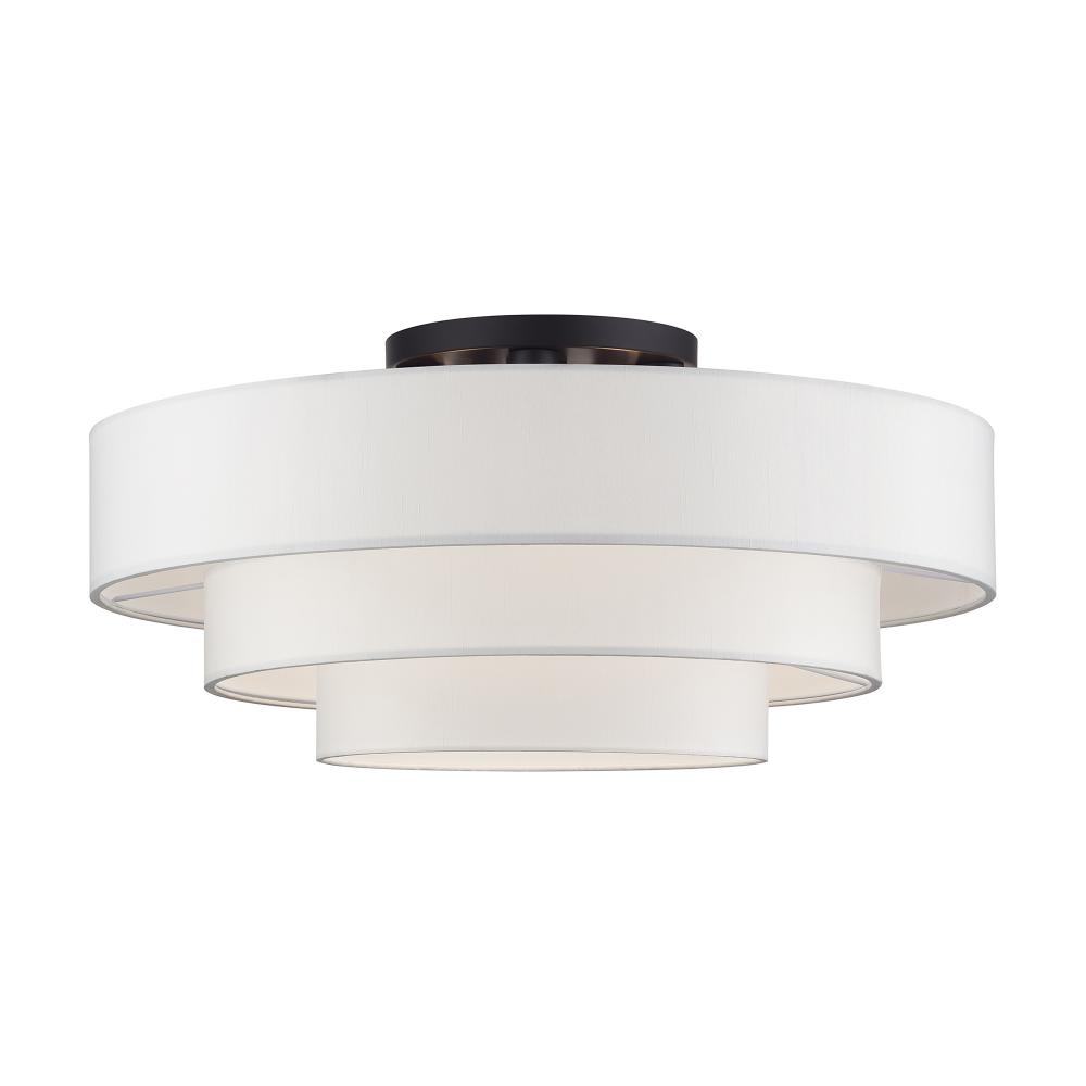5 Light Bronze Extra Large Semi-Flush with Hand Crafted Off-White Color Fabric Hardback Shades
