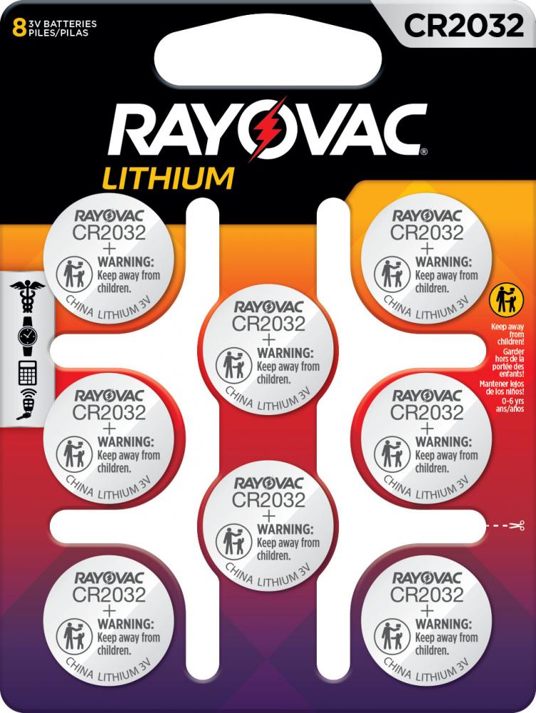 Rayovac CR2032 Lithium Coin Batteries, Coin Cell 3V Lithium Batteries, 8 Count