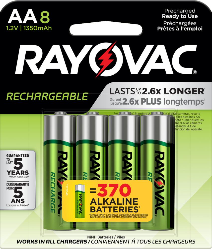 Rayovac Rechargeable NiMH AA Batteries, 8 Pack