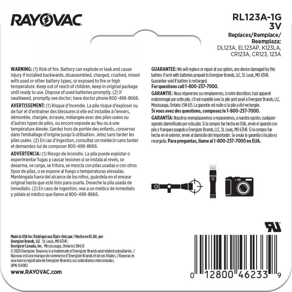 Rayovac Photo Lithium Batteries Size 123A 3V, 1 Pack