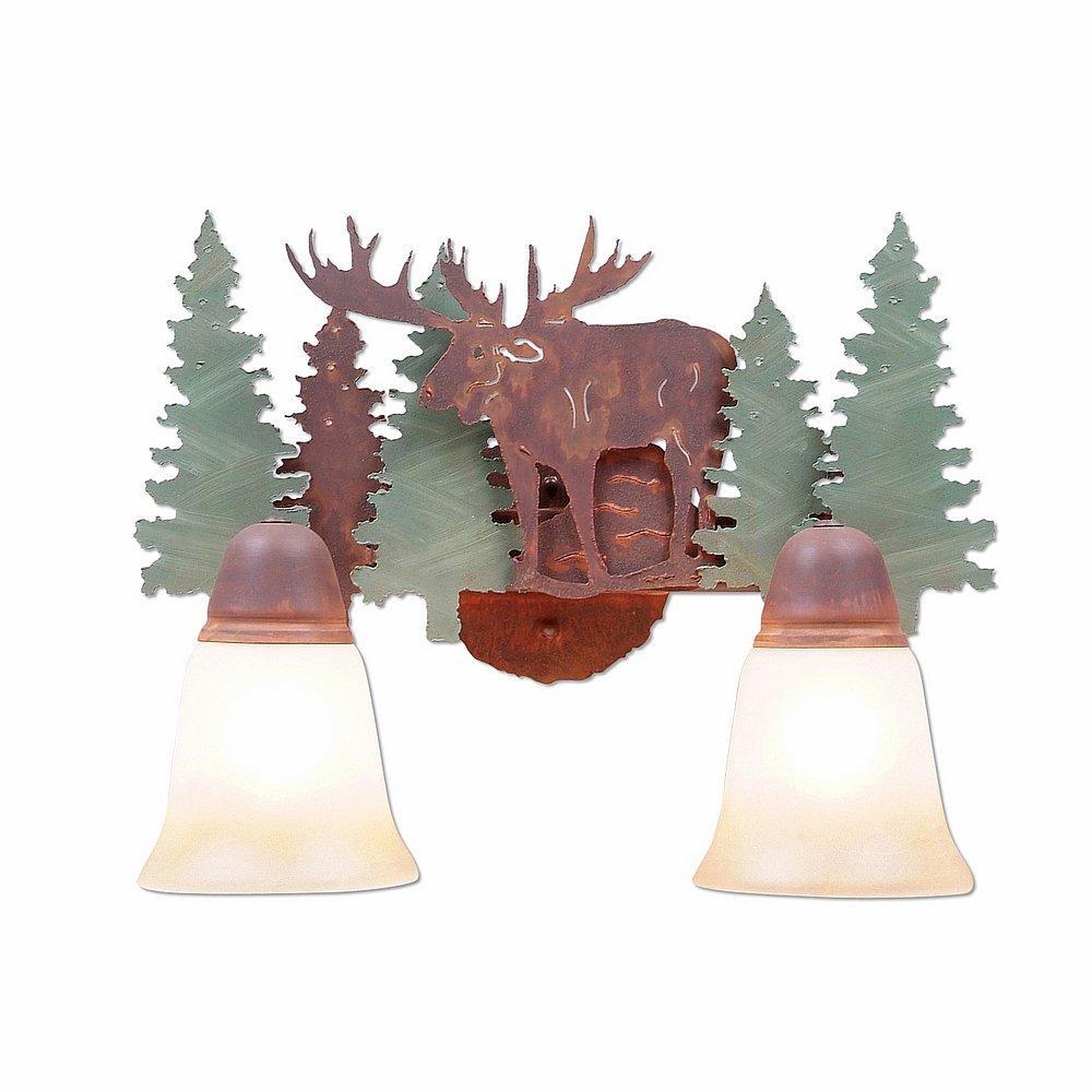 Lakeside Double Bath Vanity Light - Moose - Two-Toned Amber Cream Bell Glass - Pine Tree Green