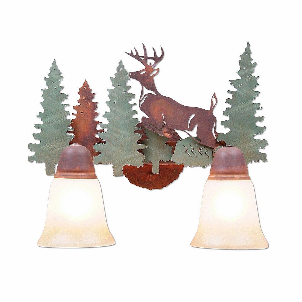 Lakeside Double Bath Vanity Light - Deer - Two-Toned Amber Cream Bell Glass - Pine Tree Green