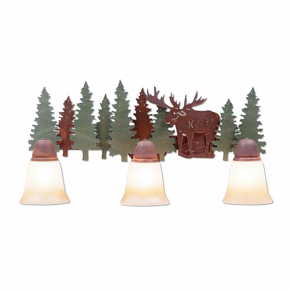Lakeside Triple Bath Vanity Light - Moose - Two-Toned Amber Cream Bell Glass - Pine Tree Green