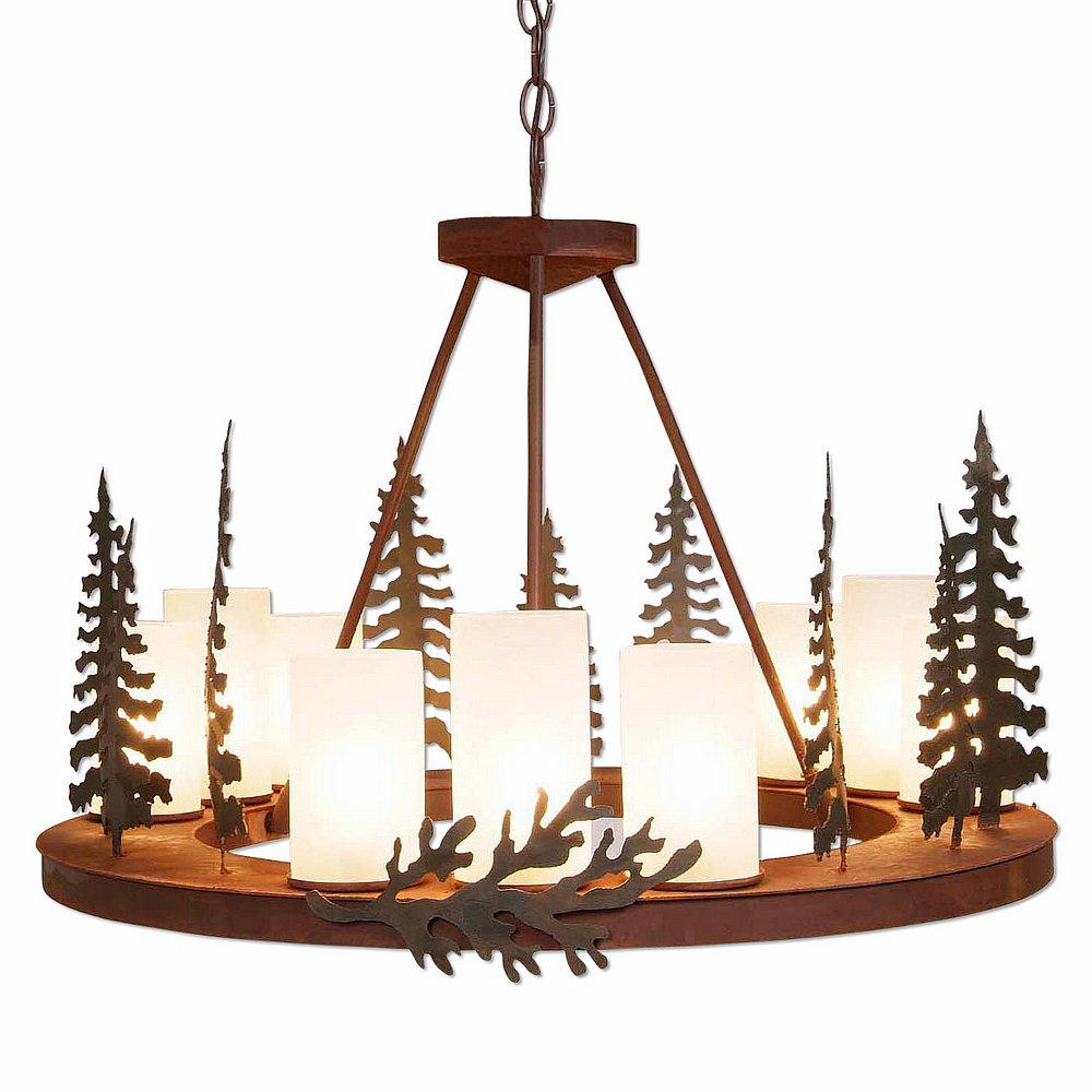 Wisley Chandelierd Large - Cedar Tree - Frosted Glass Bowl - Cedar Green-Rust Patina base Finish