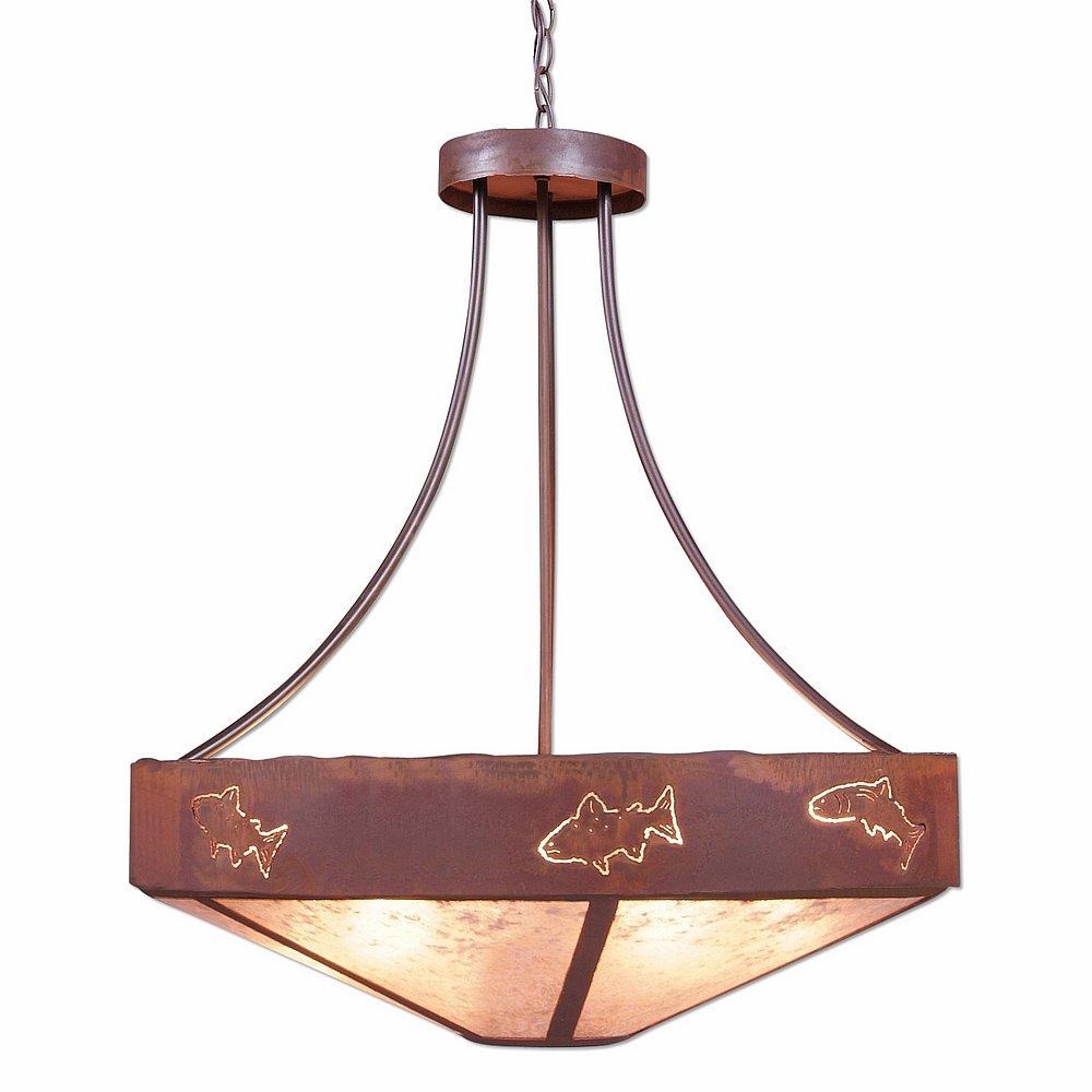 Ridgemont Chandelier Medium - Shade Bottom - Fish Cutout - Almond Mica Shade - Rust Patina Finish