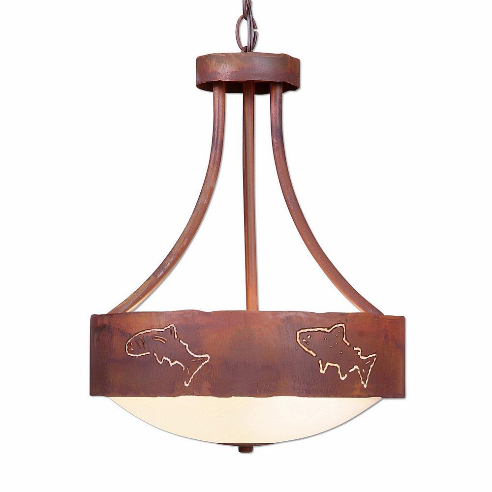 Ridgemont Foyer Chandelier Medium - Fish Cutout - Frosted Glass Bowl - Rust Patina Finish