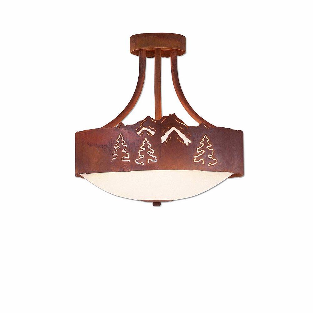 Ridgemont Semi-Flush Medium - Mountain-Pine Tree Cutouts - Frosted Glass Bowl - Rust Patina Finish