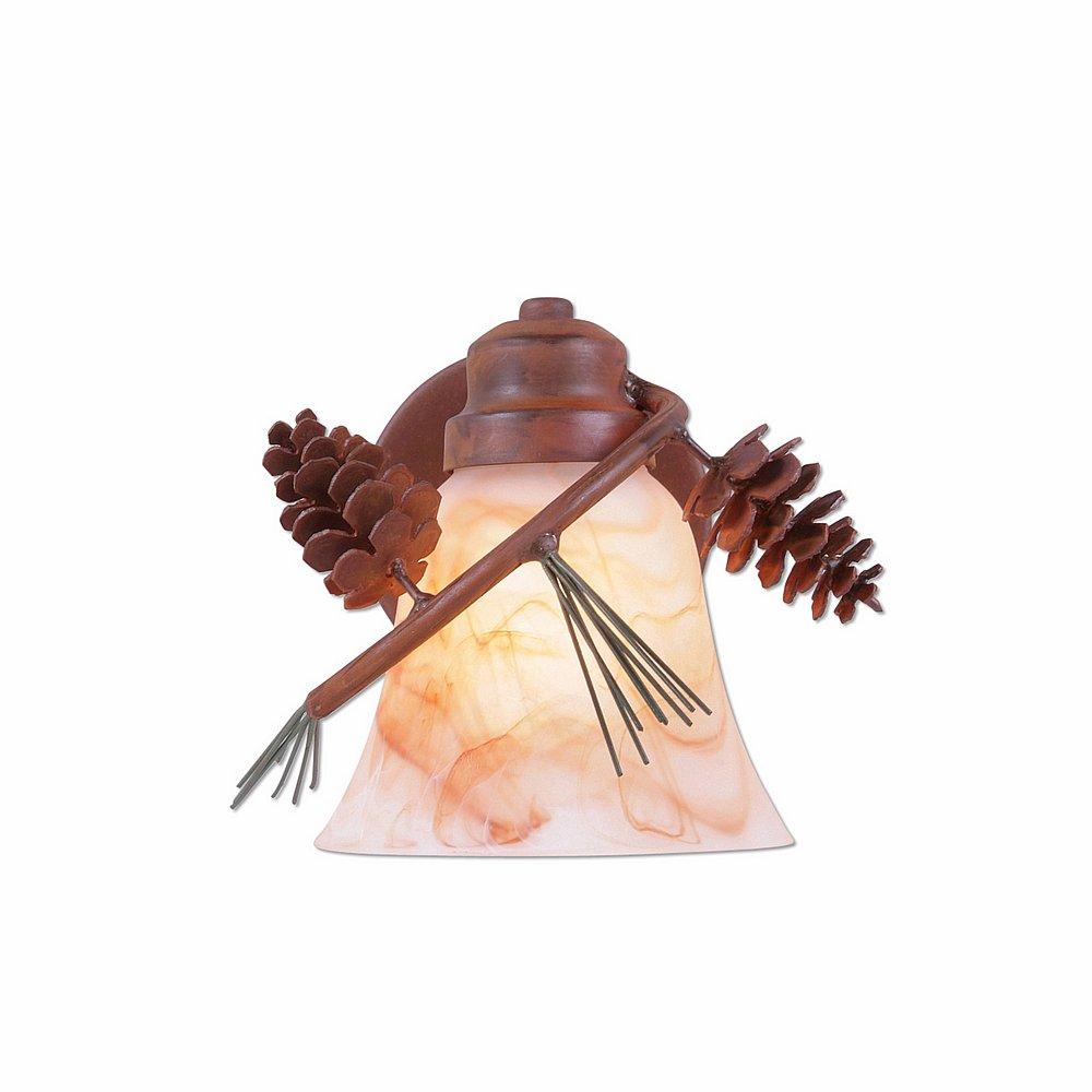 Sienna Sconce - Pine Cone - Marbled Amber Swirl Bell Glass - Pine Tree Green-Rust Patina base Finish