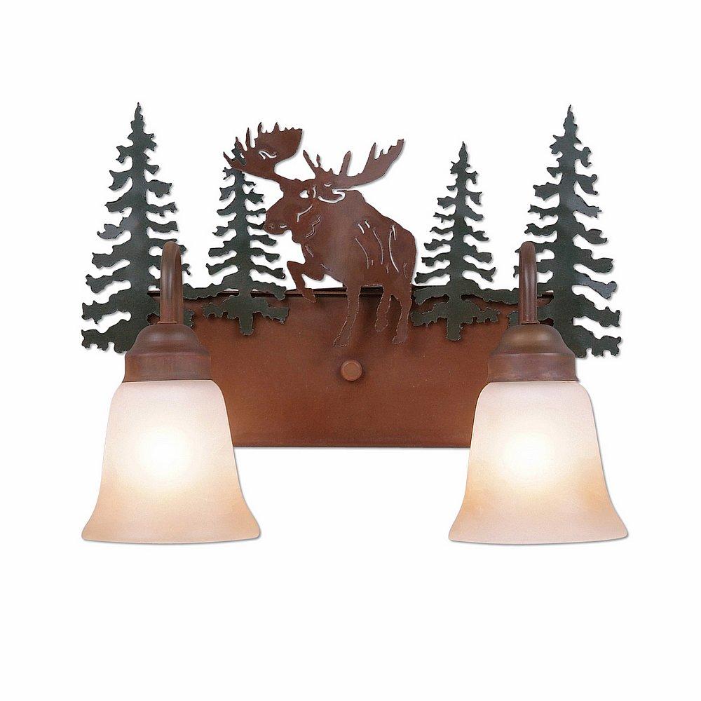 Wasatch Double Bath Vanity Light - Alaska Moose - Two-Toned Amber Cream Bell Glass - Cedar Green