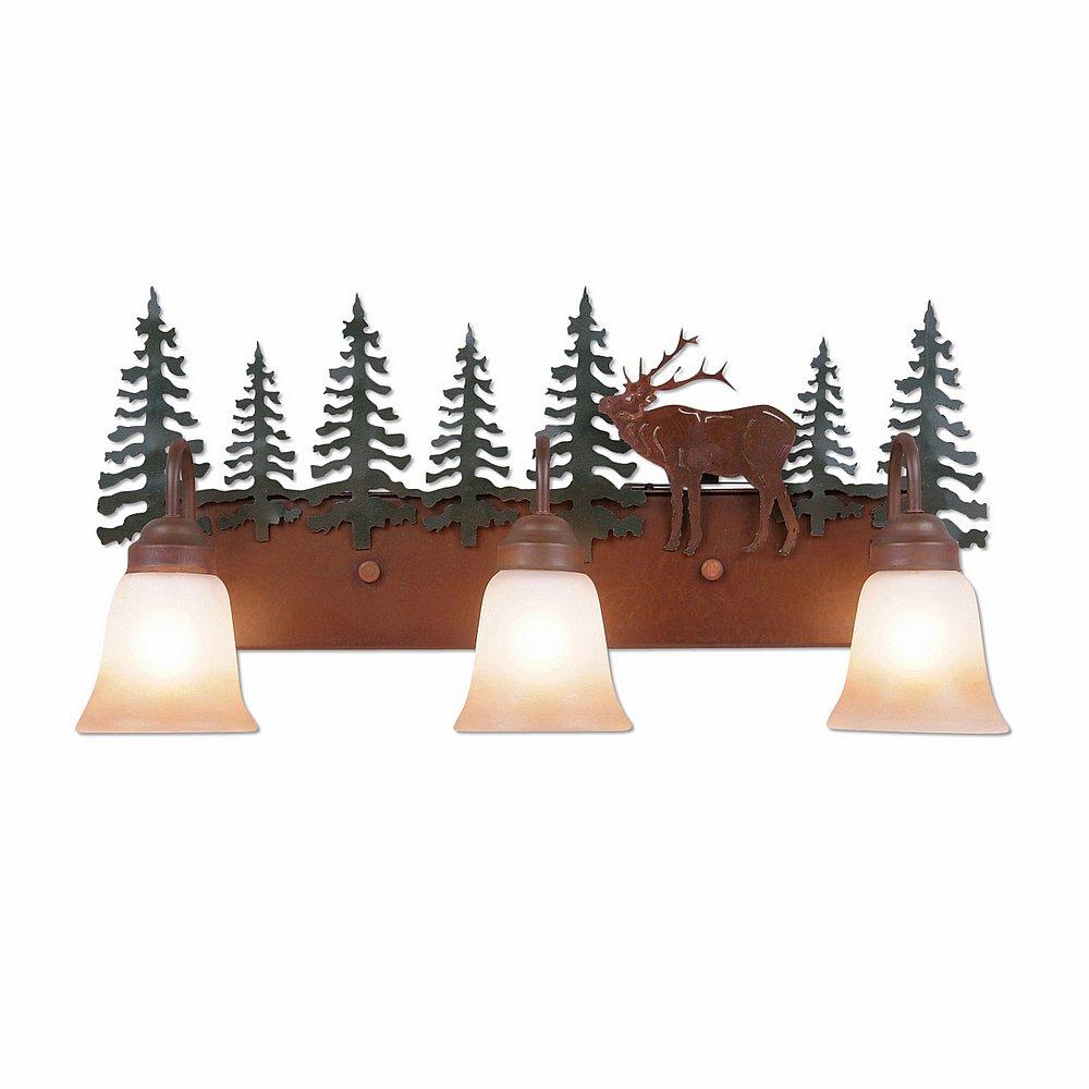 Wasatch Triple Bath Vanity Light - Mountain Elk - Two-Toned Amber Cream Bell Glass - Cedar Green