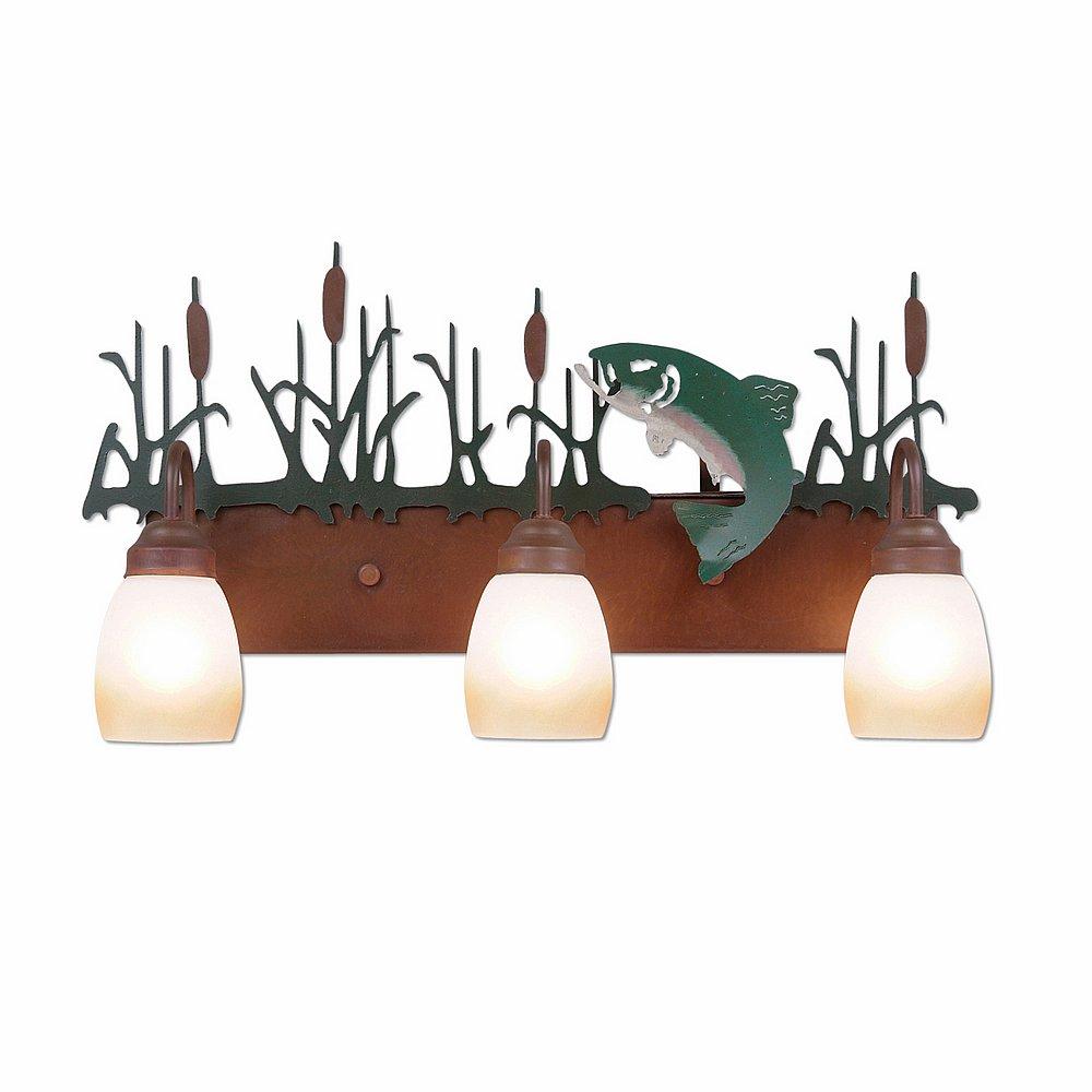 Wasatch Triple Bath Vanity Light - Trout - Two-Toned Amber Egg Bell Glass - Fish Stain