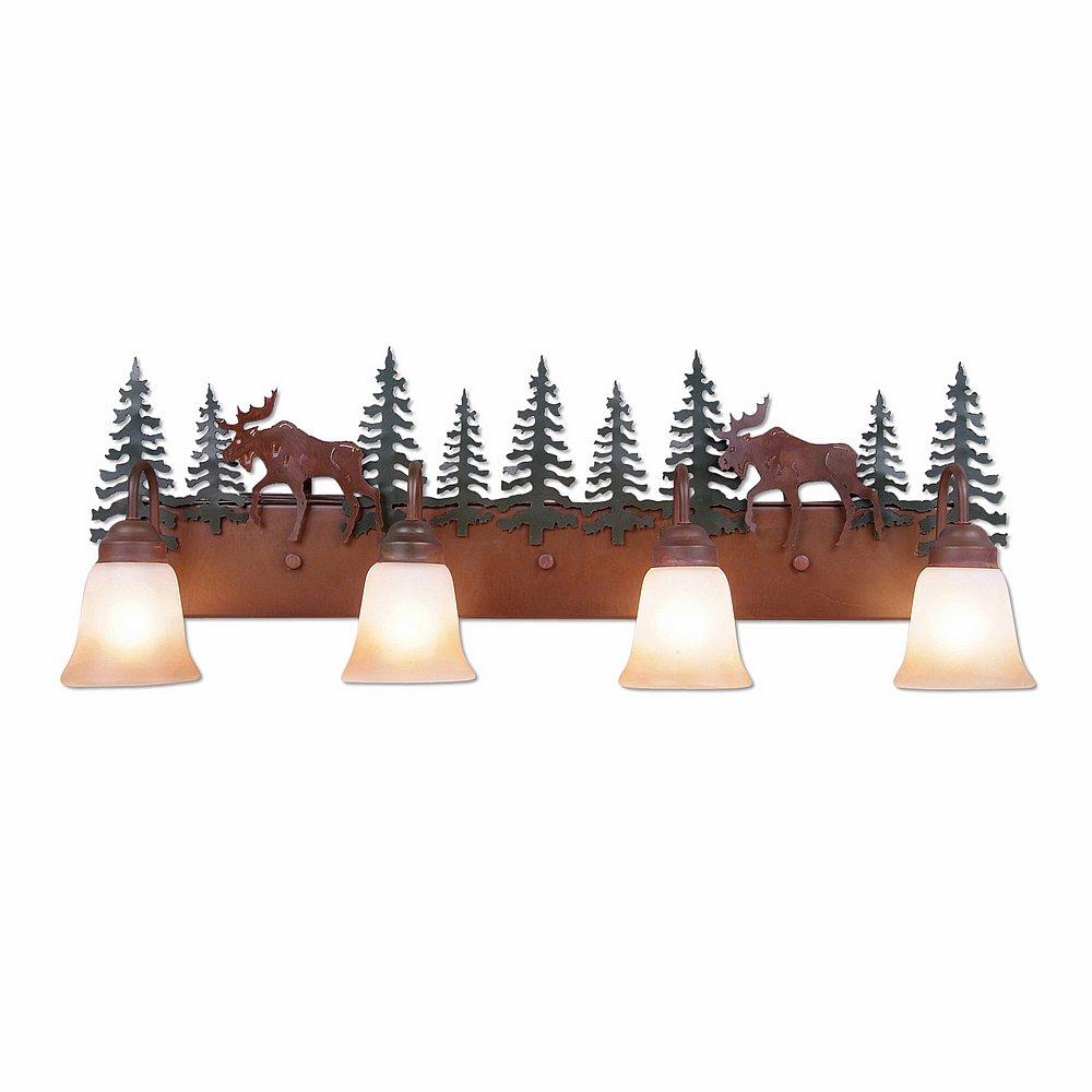 Wasatch Quad Bath Vanity Light - Mountain Moose - Two-Toned Amber Cream Bell Glass - Cedar Green