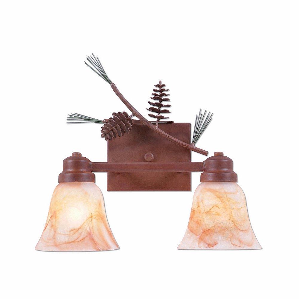 Parkshire Double Bath Vanity Light - Pine Cone - Marbled Amber Swirl Bell Glass - Pine Tree Green