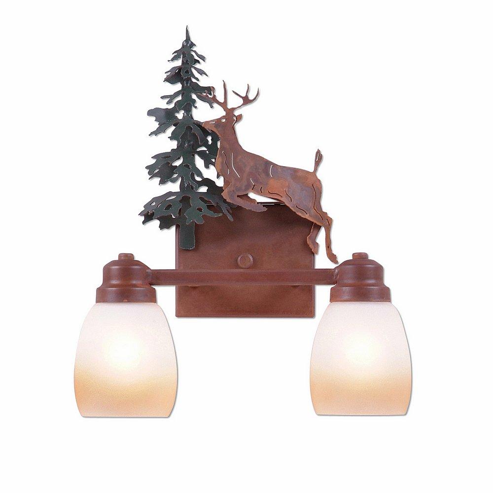 Parkshire Double Bath Vanity Light - Valley Deer - Two-Toned Amber Egg Bell Glass - Cedar Green