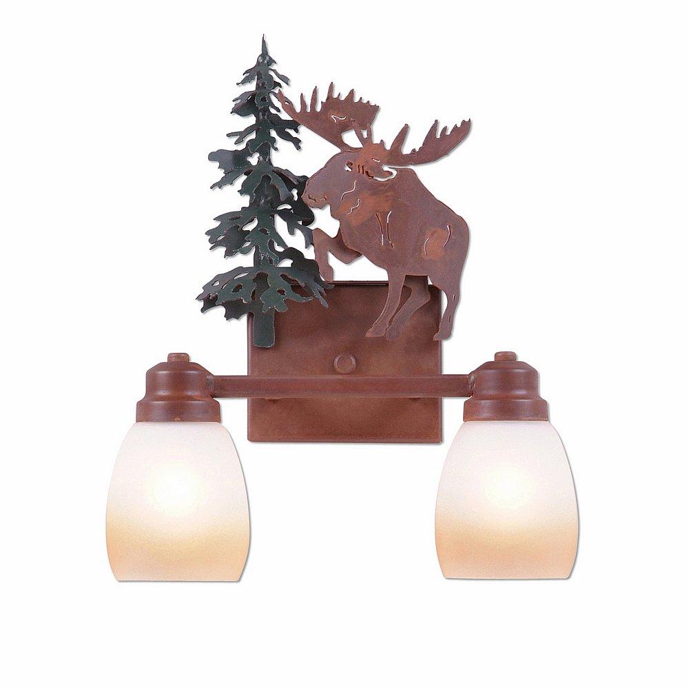 Parkshire Double Bath Vanity Light - Alaska Moose - Two-Toned Amber Egg Bell Glass - Cedar Green