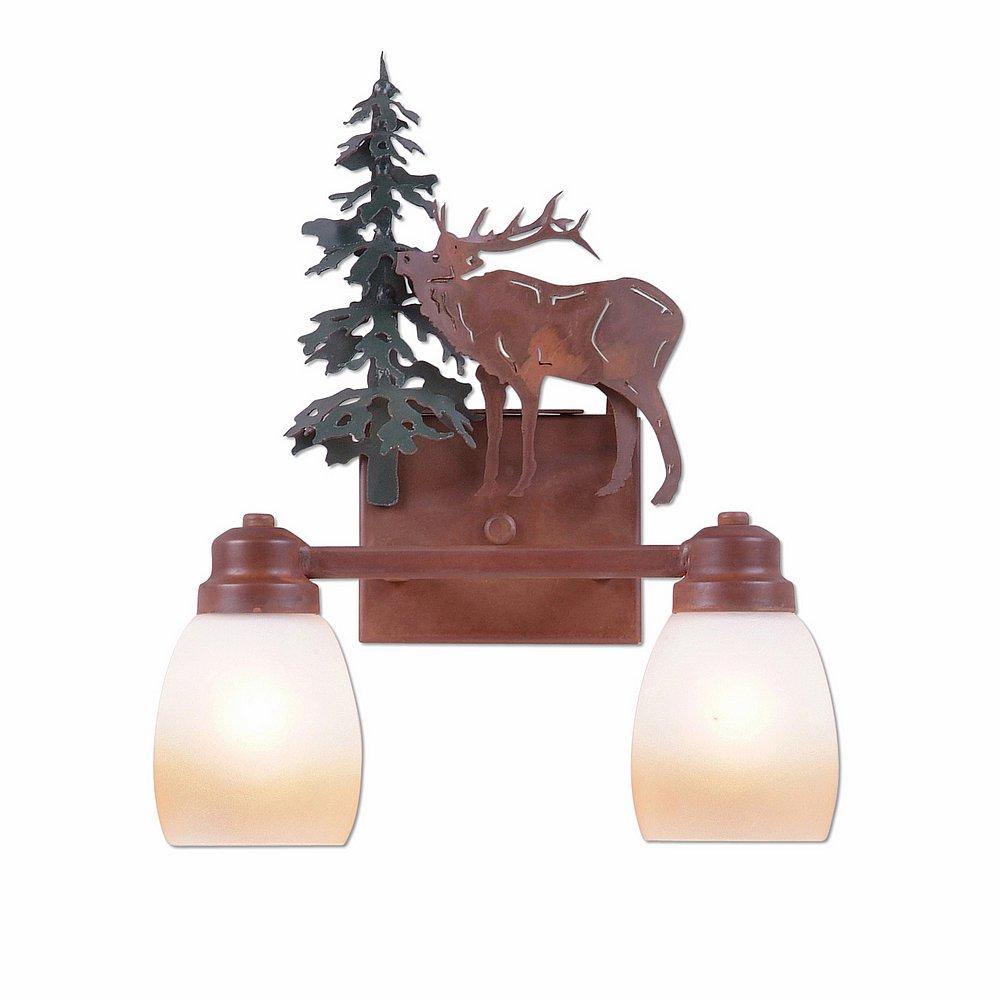 Parkshire Double Bath Vanity Light - Mountain Elk - Two-Toned Amber Egg Bell Glass - Cedar Green