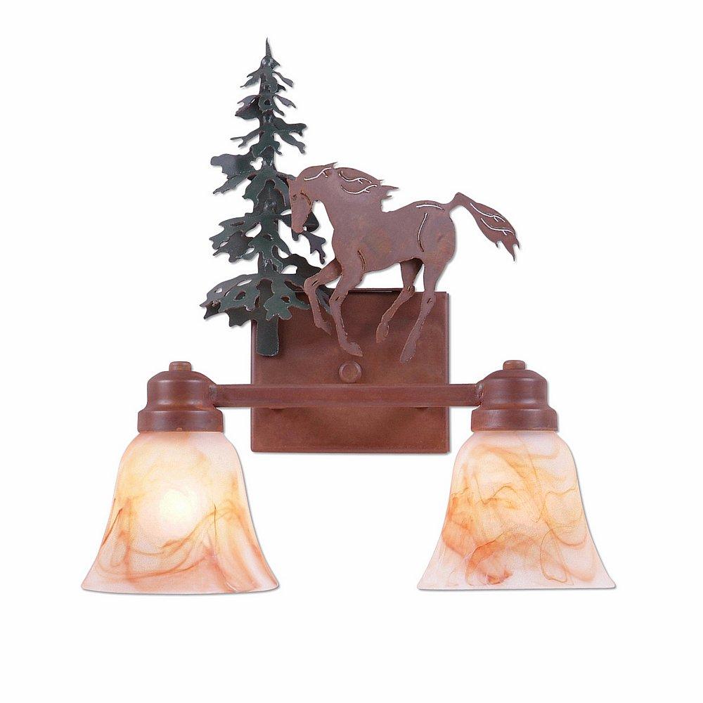 Parkshire Double Bath Vanity Light - Mountain Horse - Marbled Amber Swirl Bell Glass