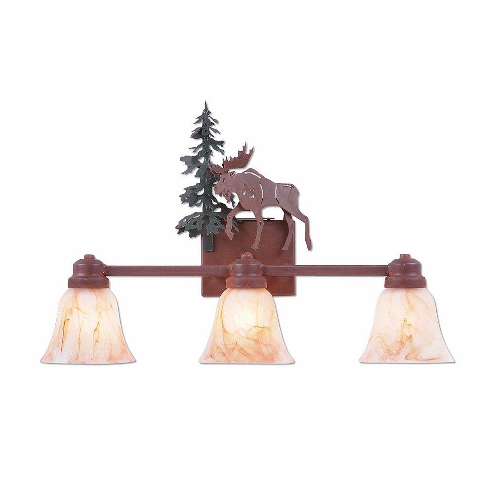 Parkshire Triple Bath Vanity Light - Mountain Moose - Marbled Amber Swirl Bell Glass