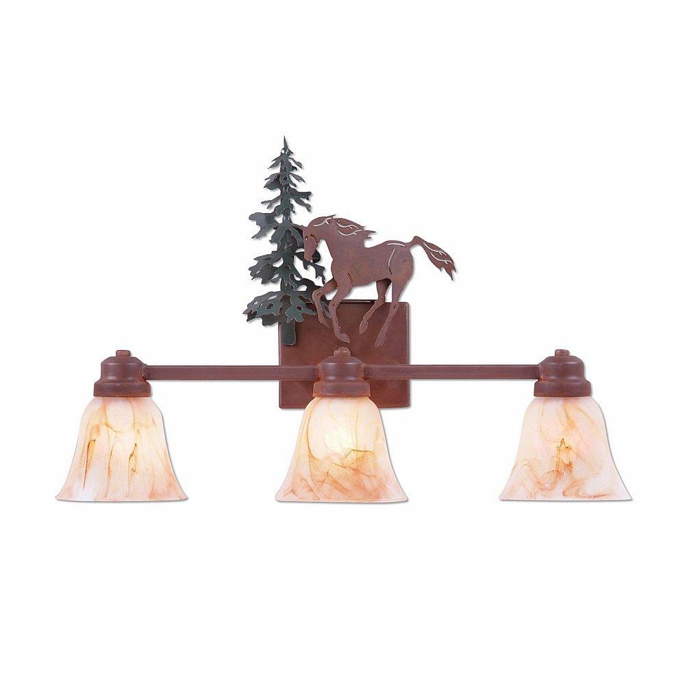 Parkshire Triple Bath Vanity Light - Mountain Horse - Marbled Amber Swirl Bell Glass