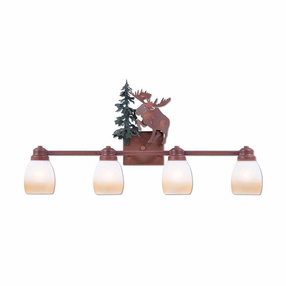 Parkshire Quad Bath Vanity Light - Alaska Moose - Two-Toned Amber Egg Bell Glass - Cedar Green