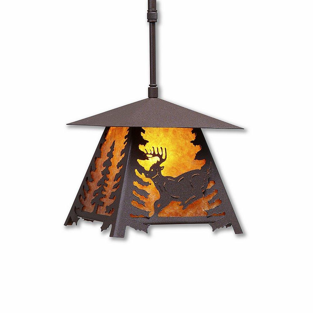 Smoky Mountain Pendant Small - Mountain Deer - Amber Mica Shade - Rustic Brown Finish