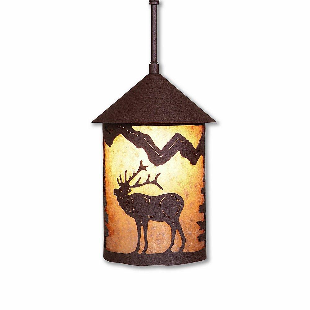 Cascade Pendant Medium - Mountain Elk - Almond Mica Shade - Rustic Brown Finish - Adjustable Stem