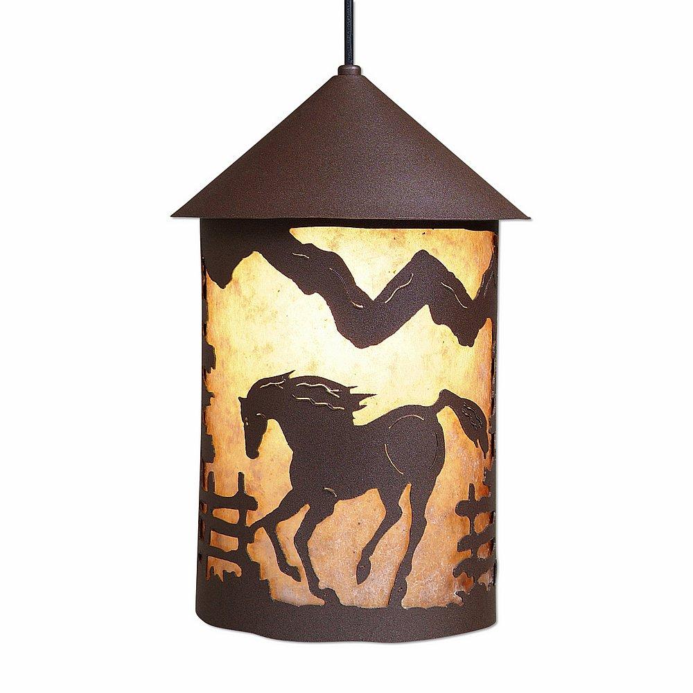Cascade Pendant Large - Mountain Horse - Almond Mica Shade - Rustic Brown Finish - Adjustable Stem