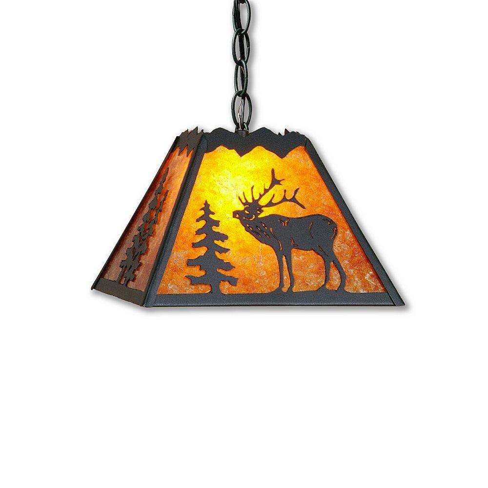 Rocky Mountain Pendant Small - Mountain Elk - Amber Mica Shade - Rustic Brown Finish - Chain