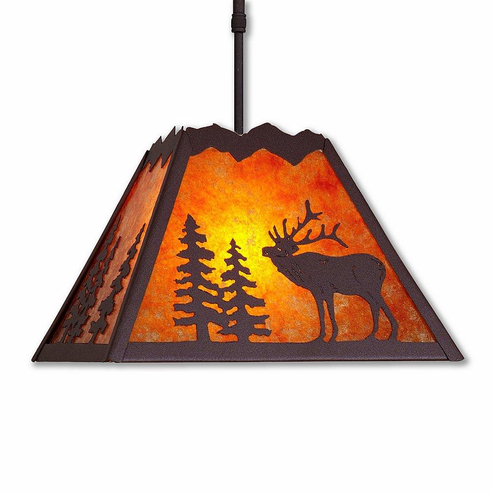 Rocky Mountain Pendant Large - Mountain Elk - Amber Mica Shade - Rustic Brown Finish