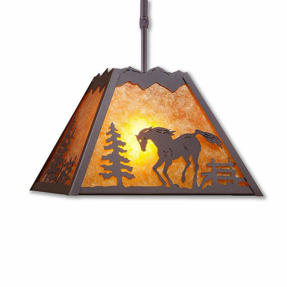 Rocky Mountain Pendant Large - Mountain Horse - Amber Mica Shade - Rustic Brown Finish