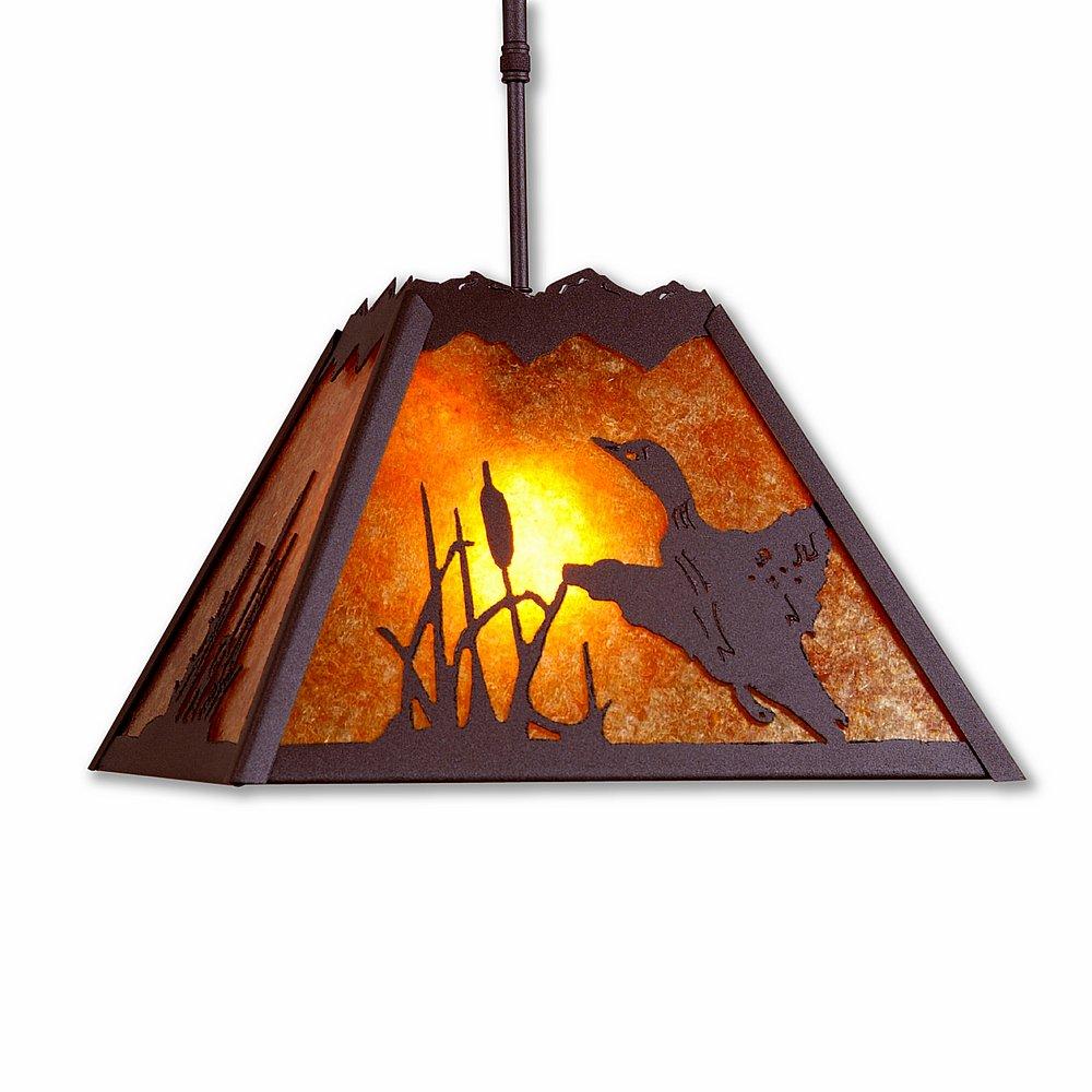 Rocky Mountain Pendant Large - Loon - Amber Mica Shade - Rustic Brown Finish - Adjustable Stem