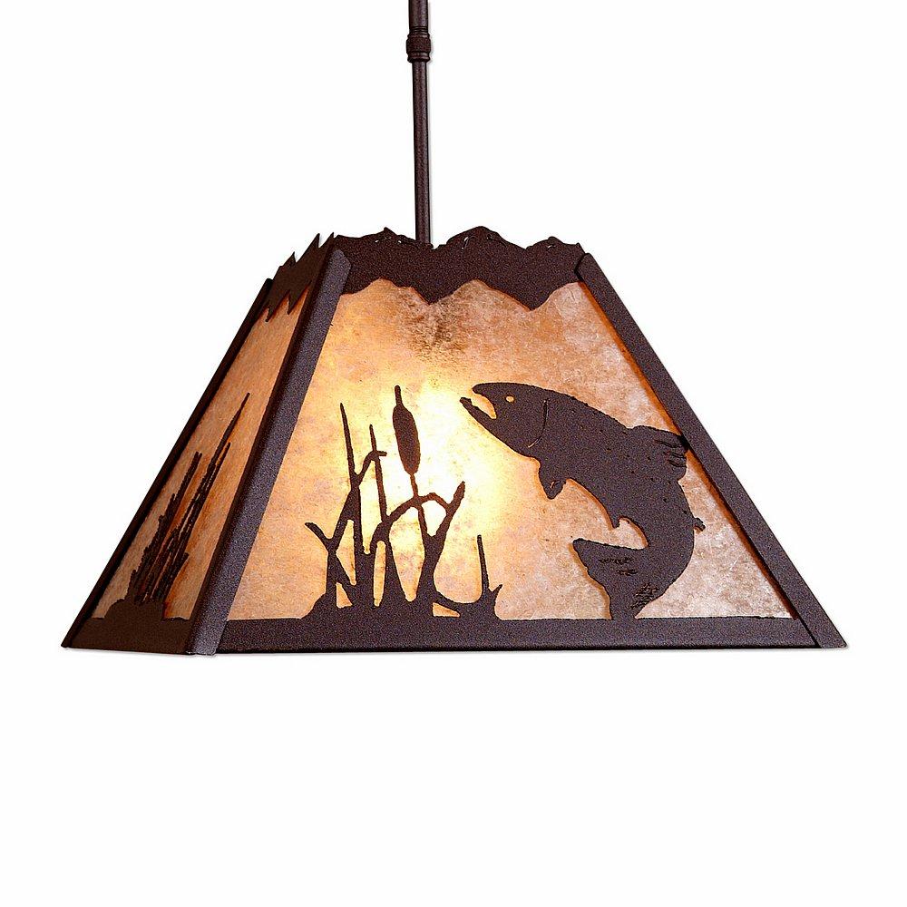 Rocky Mountain Pendant Large - Trout - Almond Mica Shade - Rustic Brown Finish - Adjustable Stem
