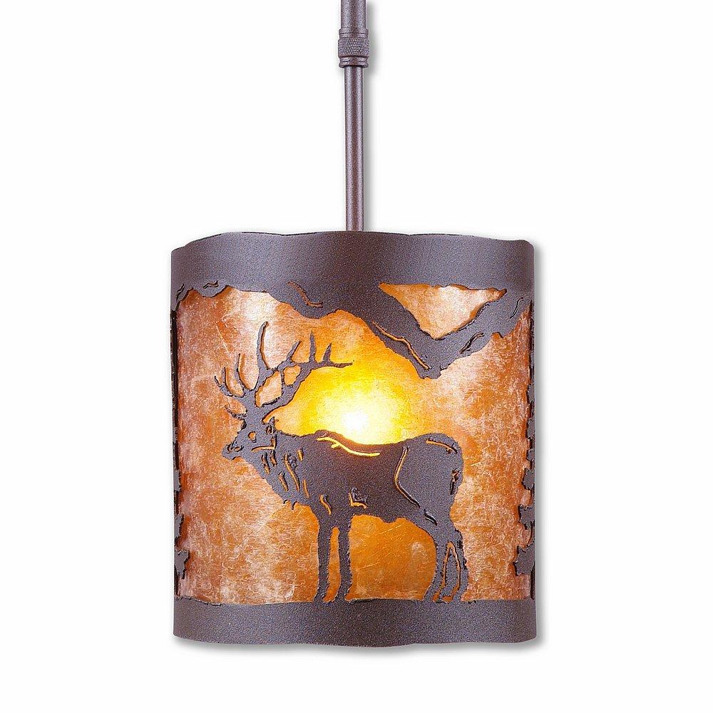 Kincaid Pendant Small - Valley Elk - Amber Mica Shade - Rustic Brown Finish - Adjustable Stem