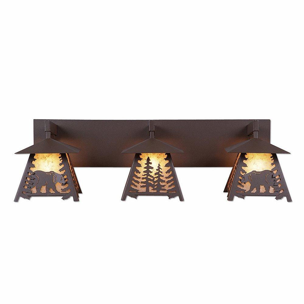 Smoky Mountain Triple Bath Vanity Light - Mountain Bear - Almond Mica Shade - Rustic Brown Finish