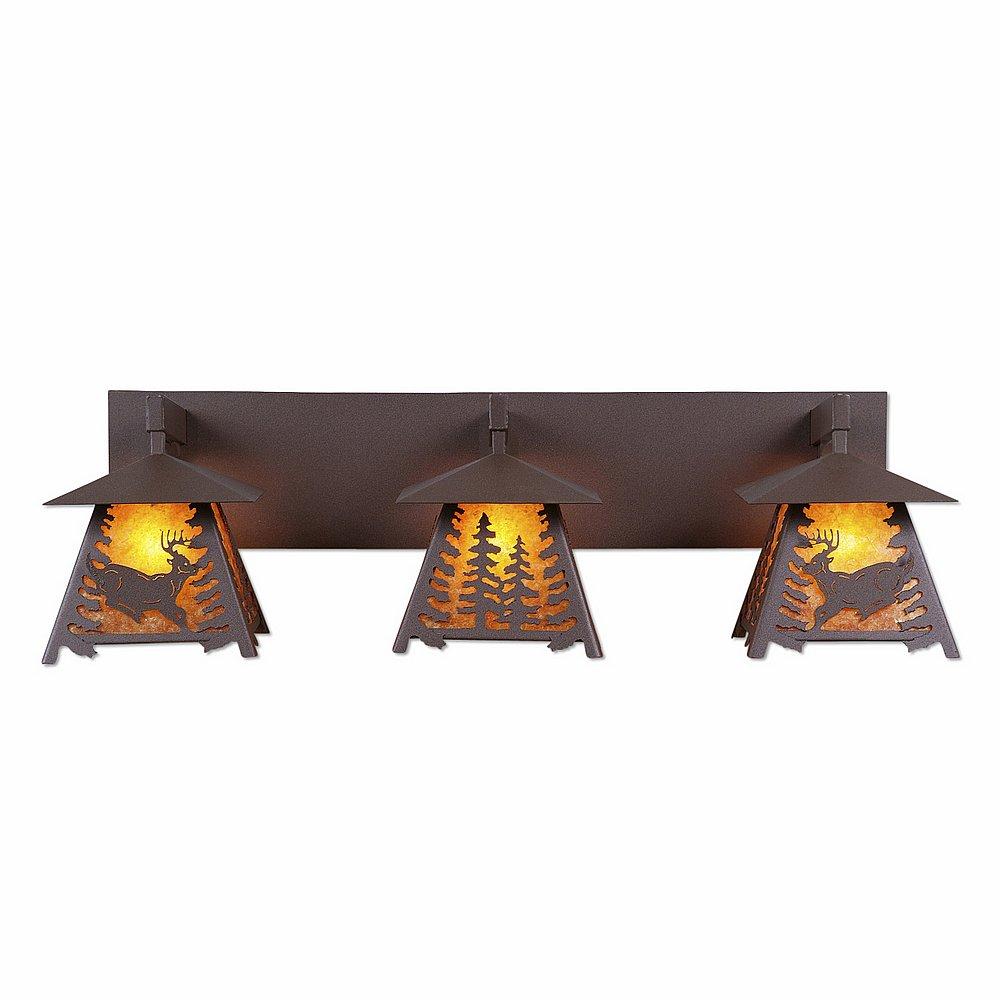 Smoky Mountain Triple Bath Vanity Light - Mountain Deer - Amber Mica Shade - Rustic Brown Finish