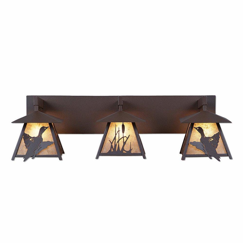 Smoky Mountain Triple Bath Vanity Light - Loon - Almond Mica Shade - Rustic Brown Finish