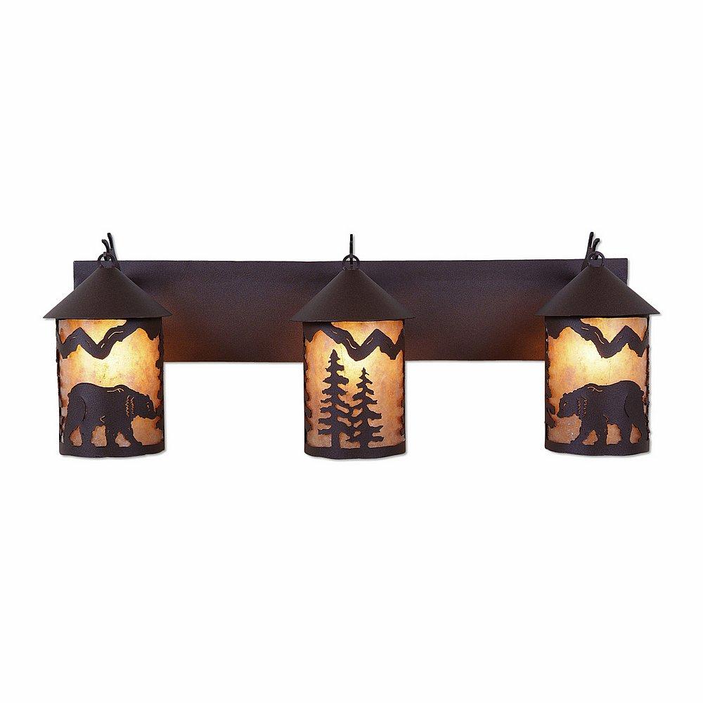 Cascade Triple Bath Vanity Light - Mountain Bear - Almond Mica Shade - Rustic Brown Finish