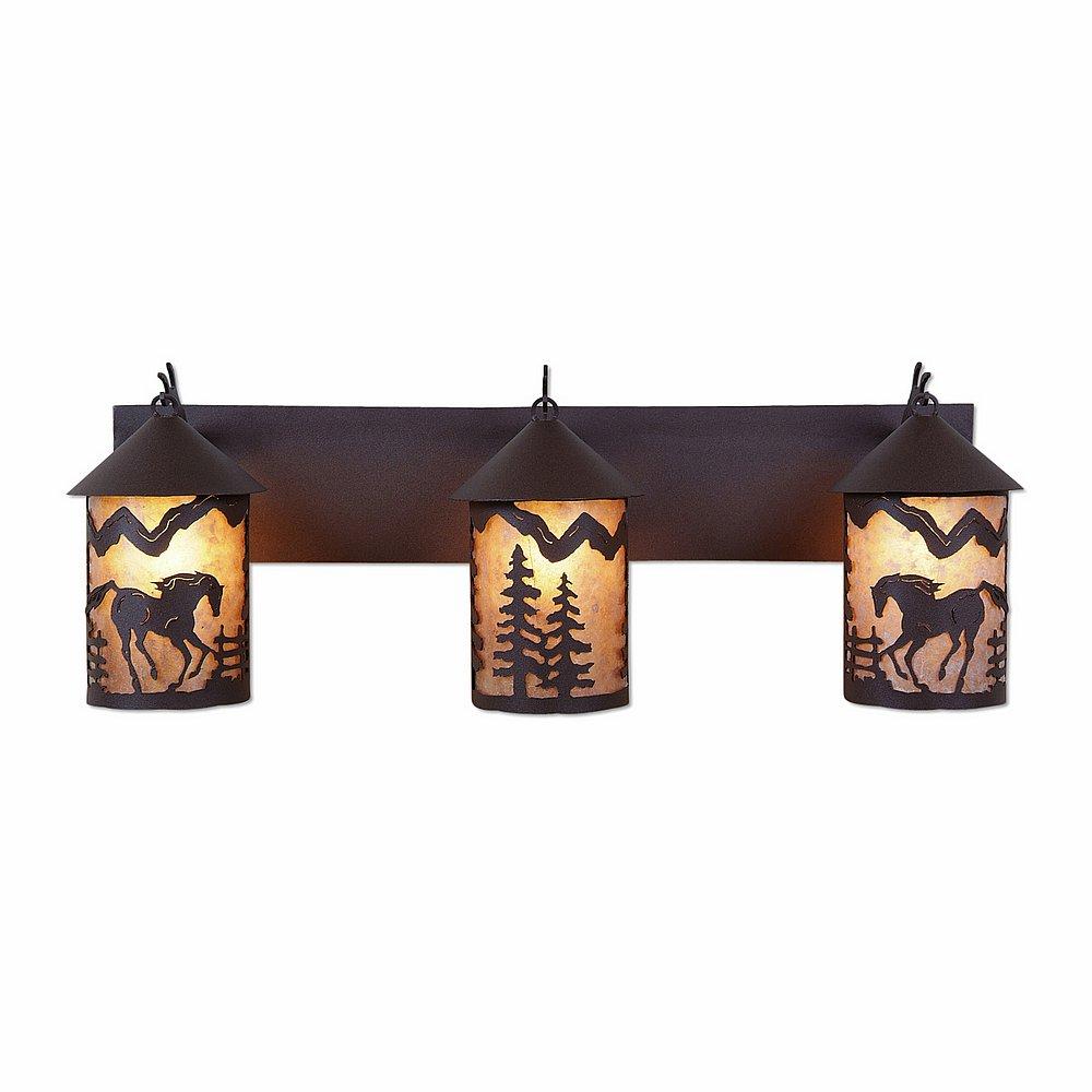 Cascade Triple Bath Vanity Light - Mountain Horse - Almond Mica Shade - Rustic Brown Finish