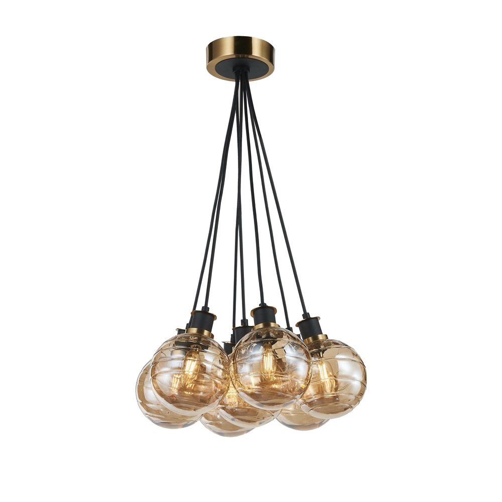 Gem Collection 7-Light Pendant with Amber Glass Black and Brushed Brass