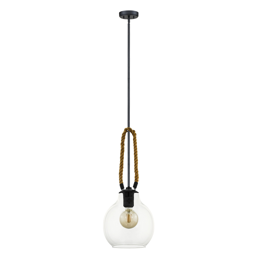 1 LT Pendant w/ Black Finish , Brown Roping & Clear Glass Shade