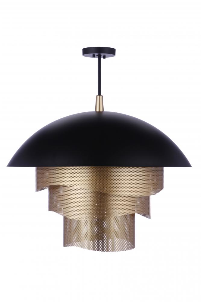 31.25” Dia Sculptural Statement Dome Pendant w/ Perforated Metal Shades in Flat Black/Matte Gold