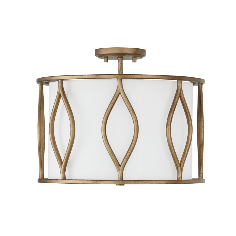 3-Light Semi-Flush Drum Pendant in Mystic Luster with White Fabric Shade