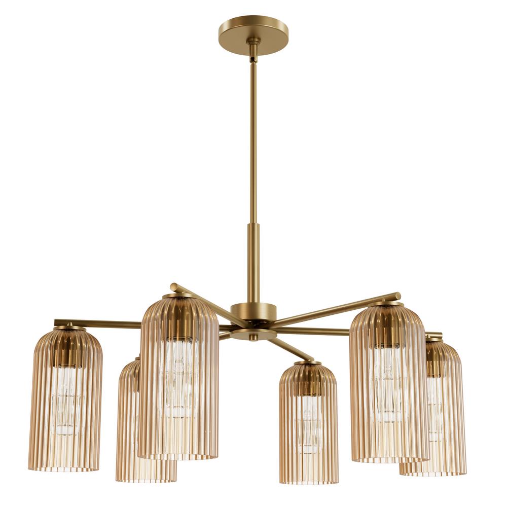 Hunter Beverly Glen Luxe Gold with Amber Glass 6 Light Chandelier Ceiling Light Fixture