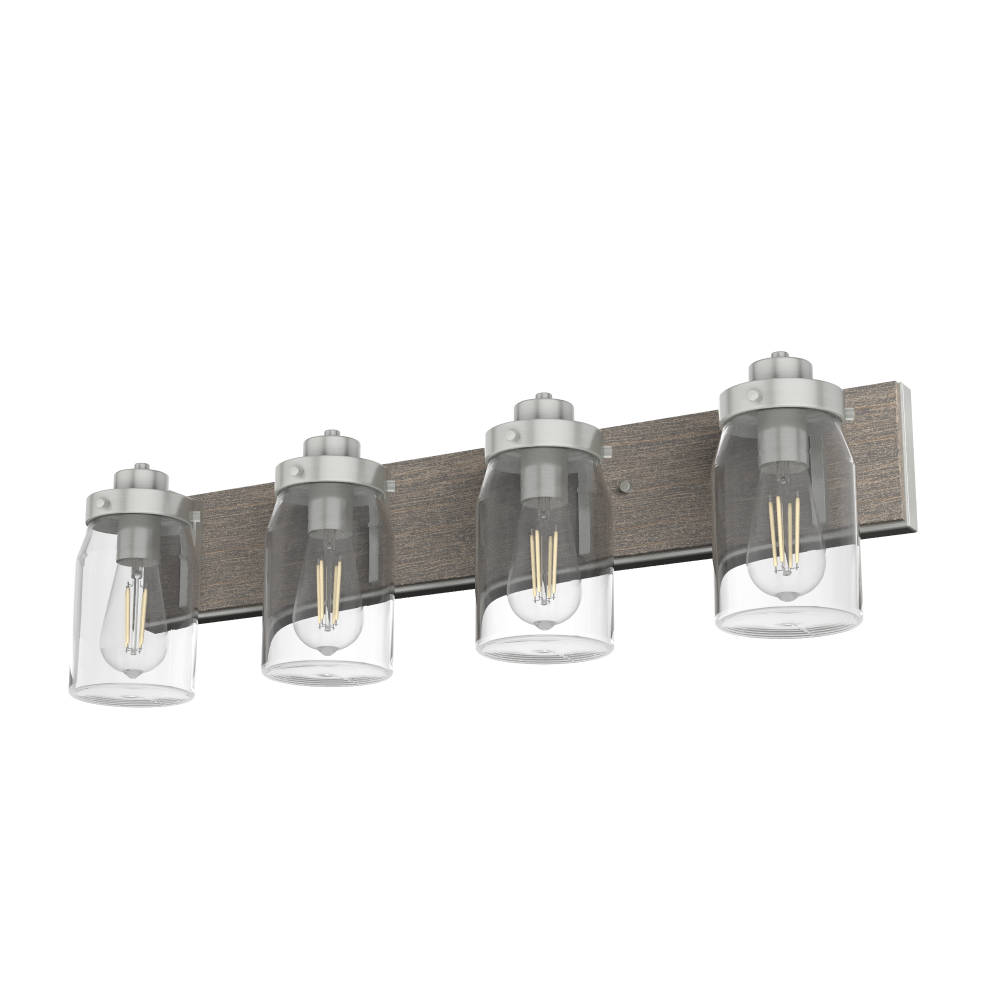 Hunter Devon Park Brushed Nickel and Grey Wood with Clear Glass 4 Light Bathroom Vanity Wall Light F