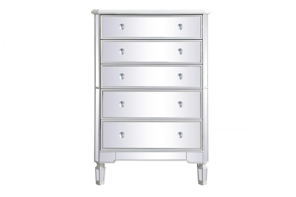 33 Inch Mirrored 5 Drawer Chest in Antique White