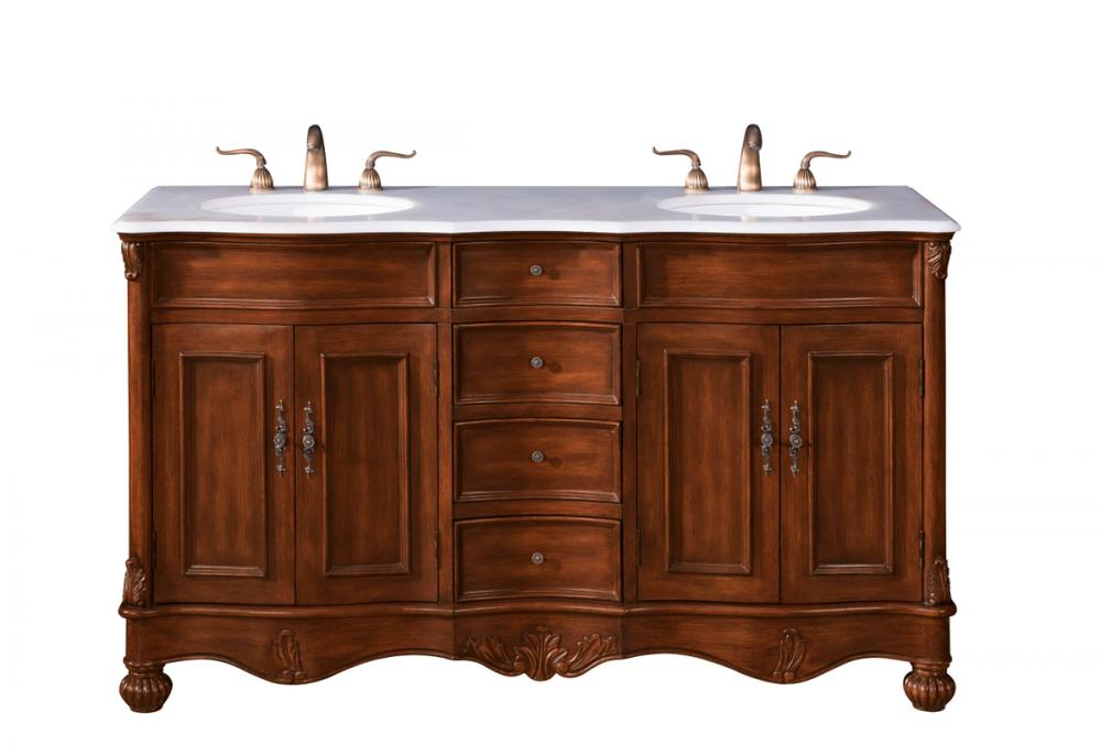 60 Inch Double Bathroom Vanity in Teak with Ivory White Engineered Marble